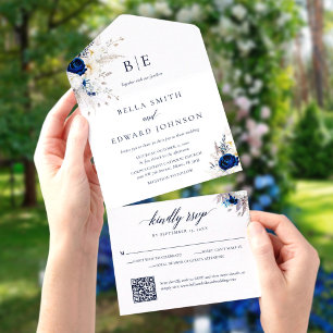 Eleganter blauer weißer floraler Monogramm-Hochzei All In One Einladung
