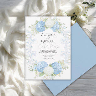 Eleganter blauer weißer Hortensien-Kranz Hochzeit Einladung