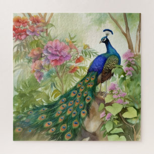Eleganter Blaugrüner Pfau Rosa Blumen Wald Puzzle