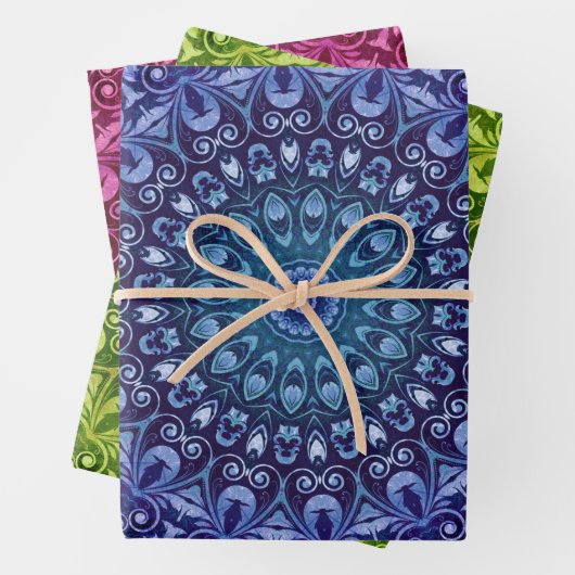 Eleganter blaugrüner und Lila BlumenDamast Geschenkpapier Set (Beispiel)