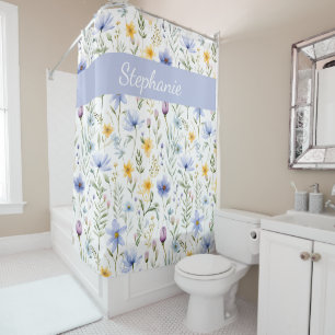 Eleganter Blaulila-Aquarell-Wildblumen-Name Duschvorhang