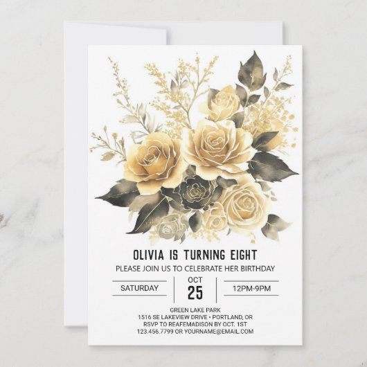 Eleganter Bloom Gold und Black Birthday Einladung (Vorderseite)