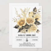 Eleganter Bloom Gold und Black Birthday Einladung (Vorne/Hinten)