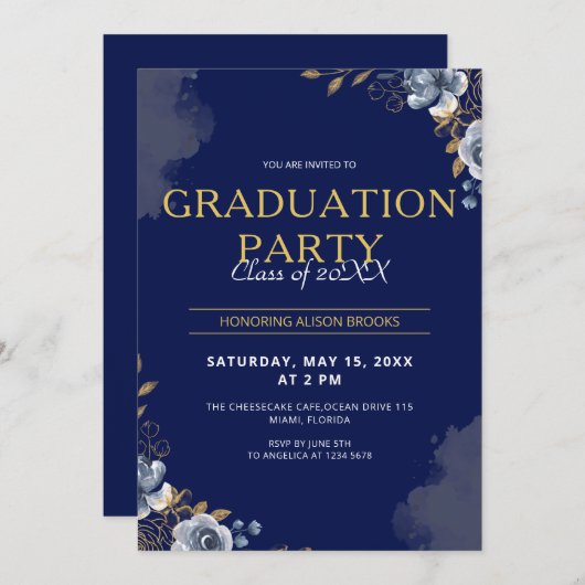 Eleganter Blue and Gold Abschluss Einladung (Vorne/Hinten)