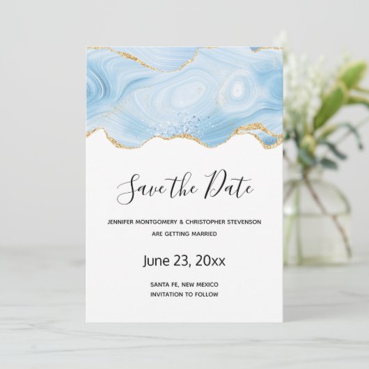 Eleganter Blue and Gold Agate Hintergrund Save The Date (Stehend Vorderseite)