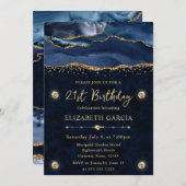 Eleganter Blue and Gold Glitzer Agate 21. Geburtst Einladung (Vorne/Hinten)