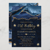 Eleganter Blue and Gold Glitzer Agate 21. Geburtst Einladung (Vorne/Hinten)