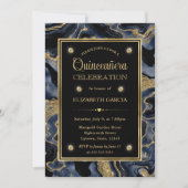 Eleganter Blue and Gold Glitzer Agate Quinceanera Einladung (Vorderseite)
