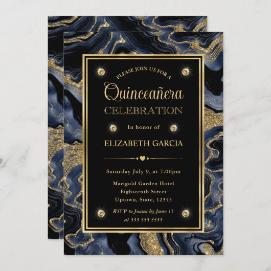 Eleganter Blue and Gold Glitzer Agate Quinceanera Einladung (Vorne/Hinten)