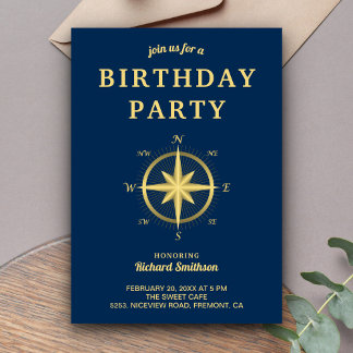 Eleganter Blue and Gold Nautical Compass Geburtsta Einladung