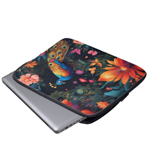 Eleganter Blue and Gold Pfau im Rosa Garten Laptopschutzhülle (Vorne Knopf)