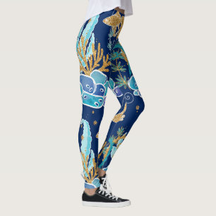 Eleganter Blue Aqua Türkis Gold Glitzer Leggings