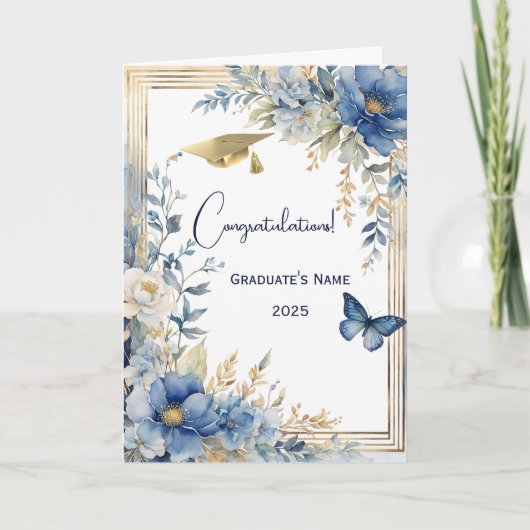 Eleganter Blue Beige Blume Personalisierter Abschl Karte (Vorderseite)