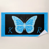Eleganter Blue Black Butterfly Mit Monogramm Strandtuch (Vorderseite)