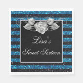 Eleganter Blue Black Glitzer Silver Rose Sweet 16 Serviette (Vorderseite)