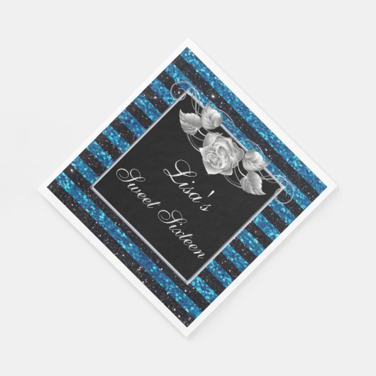 Eleganter Blue Black Glitzer Silver Rose Sweet 16 Serviette (Ecke)