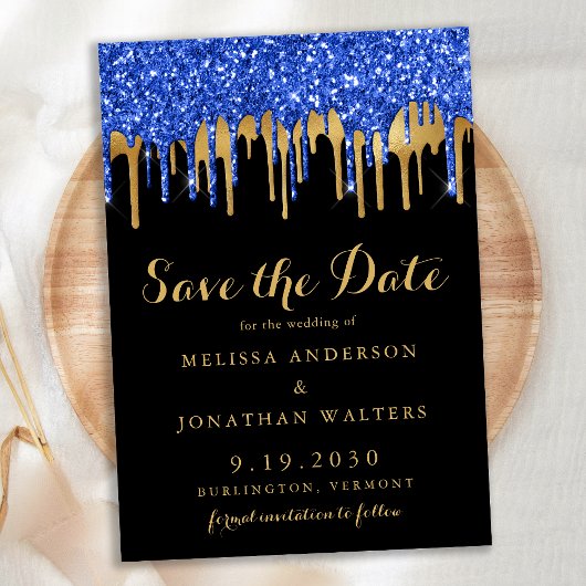 Eleganter Blue Black Gold Glitzer Tropfen Hochzeit Save The Date