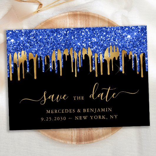 Eleganter Blue Black Gold Glitzer Tropfen Hochzeit Save The Date