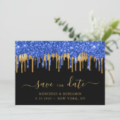 Eleganter Blue Black Gold Glitzer Tropfen Hochzeit Save The Date (Stehend Vorderseite)