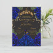 Eleganter Blue Black Quinceñera Rose Gold Glitzer Einladung (Stehend Vorderseite)