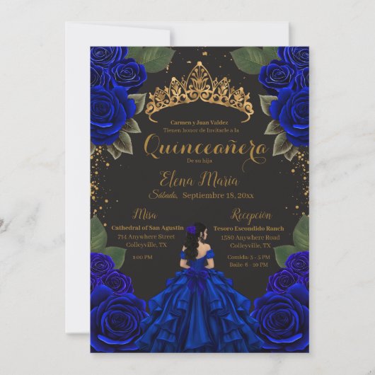 Eleganter Blue Black Quinceñera Rose Gold Glitzer Einladung (Vorderseite)