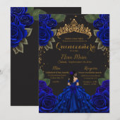 Eleganter Blue Black Quinceñera Rose Gold Glitzer Einladung (Vorne/Hinten)