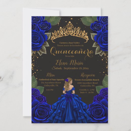 Eleganter Blue Black Quinceñera Rose Gold Glitzer Einladung (Vorderseite)