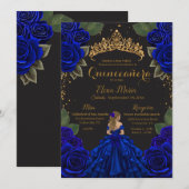 Eleganter Blue Black Quinceñera Rose Gold Glitzer Einladung (Vorne/Hinten)