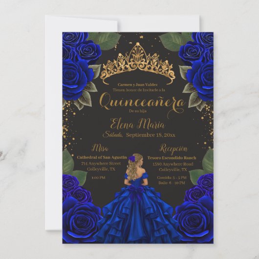 Eleganter Blue Black Quinceñera Rose Gold Glitzer Einladung (Vorderseite)