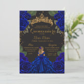 Eleganter Blue Black Quinceñera Rose Gold Glitzer Einladung (Stehend Vorderseite)