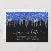 Eleganter Blue Black Silver Glitzer Tropfens Hochz Save The Date (Vorderseite)