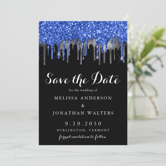 Eleganter Blue Black Silver Glitzer Tropfens Hochz Save The Date (Stehend Vorderseite)