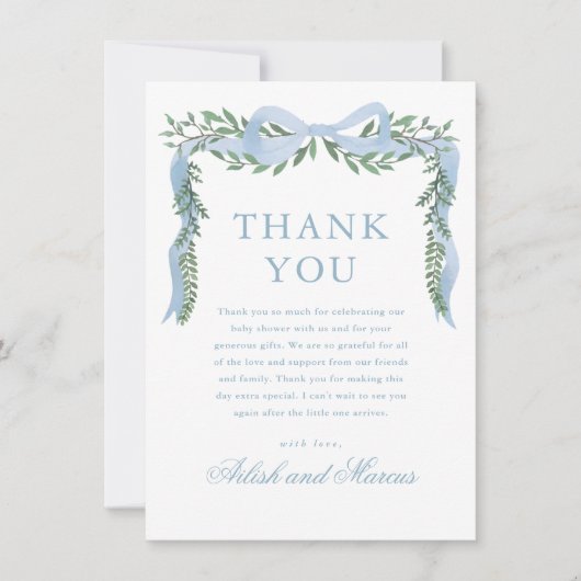 Eleganter Blue Bow mit Greenery Boy Baby Shower Dankeskarte (Vorderseite)