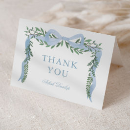 Eleganter Blue Bow mit Greenery Boy Baby Shower Dankeskarte
