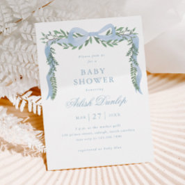 Eleganter Blue Bow mit Greenery Boy Baby Shower Einladung
