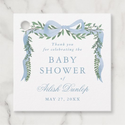 Eleganter Blue Bow mit Greenery Boy Baby Shower Geschenkanhänger (Vorderseite)