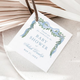 Eleganter Blue Bow mit Greenery Boy Baby Shower Geschenkanhänger