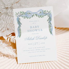 Eleganter Blue Bow mit Greenery Boy Baby Shower Magneteinladung