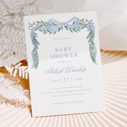 Eleganter Blue Bow mit Greenery Boy Baby Shower Magneteinladung