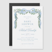 Eleganter Blue Bow mit Greenery Boy Baby Shower Magneteinladung (Vorne/Hinten)