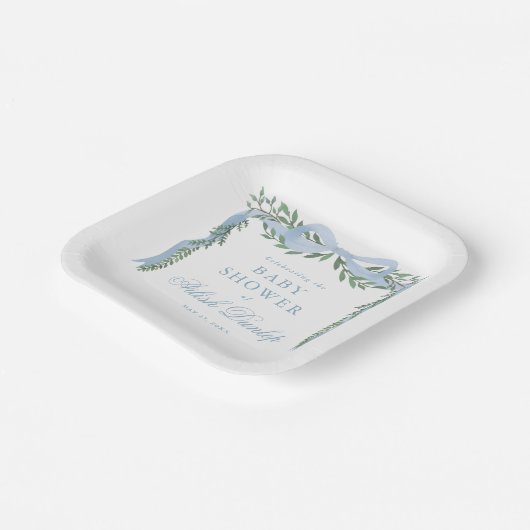 Eleganter Blue Bow mit Greenery Boy Baby Shower Pappteller (Gewinkelt)