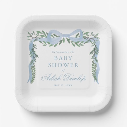 Eleganter Blue Bow mit Greenery Boy Baby Shower Pappteller (Vorderseite)