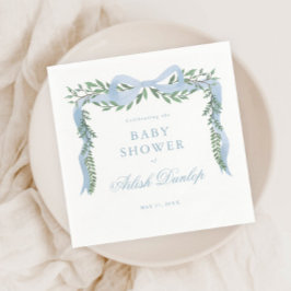 Eleganter Blue Bow mit Greenery Boy Baby Shower Serviette