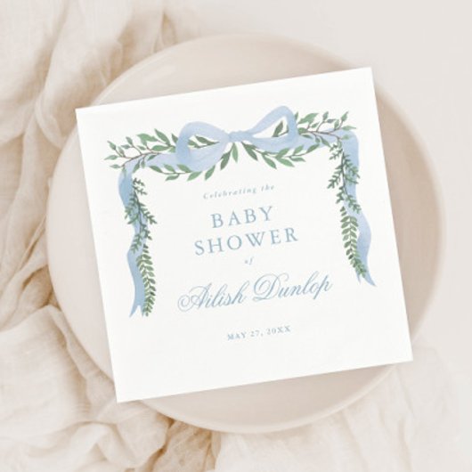 Eleganter Blue Bow mit Greenery Boy Baby Shower Serviette