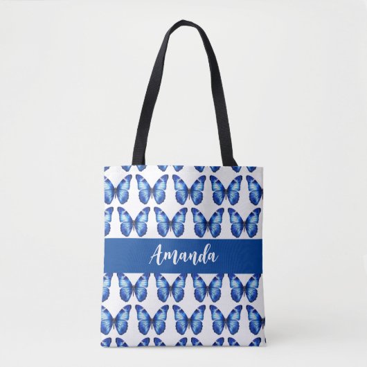 Eleganter Blue Butterly Pattern Name Tasche (Vorderseite)