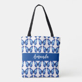 Eleganter Blue Butterly Pattern Name Tasche (Rückseite)