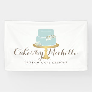 Eleganter Blue Cake mit floraler Cake Decoration Banner