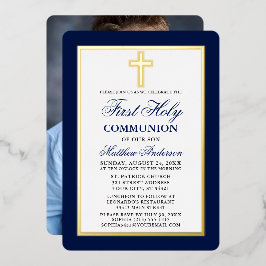 Eleganter Blue First Holy Communion Foto Gold Fram Folieneinladung