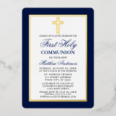 Eleganter Blue First Holy Communion Foto Gold Fram Folieneinladung (Vorderseite)