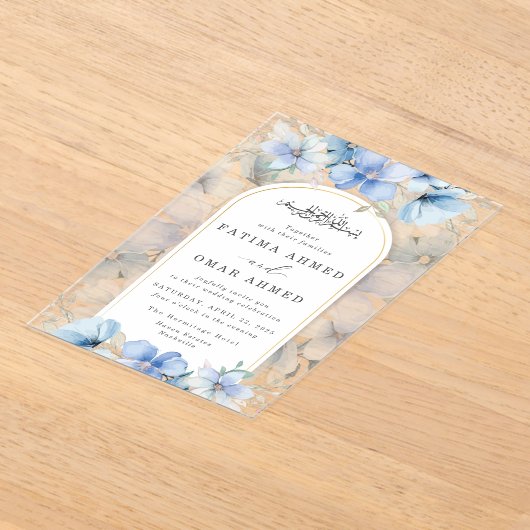 Eleganter Blue Floral Garden Islamische Hochzeit Acryleinladungen (Ablage )